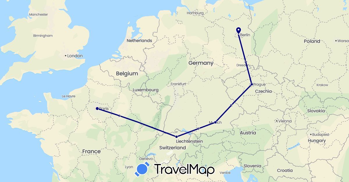 TravelMap itinerary: driving in Switzerland, Czech Republic, Germany, France (Europe)
